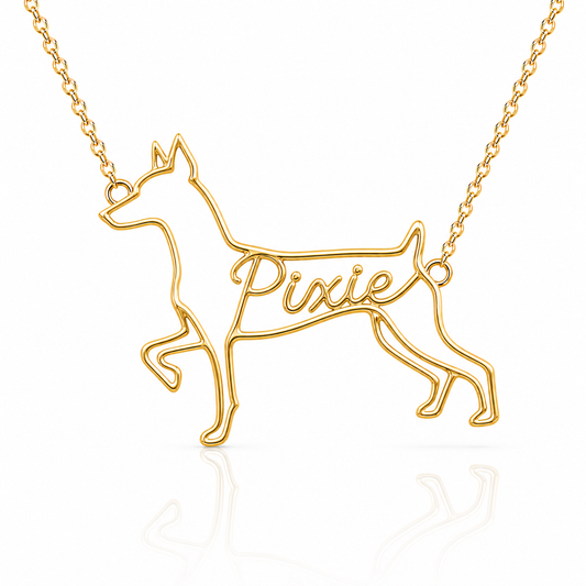 Soulyshine Miniature Pinscher personalized dog silhouette name necklace in gold - Pixie design