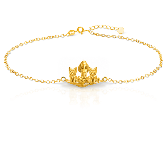 Morkie Personalized Girl And Her Pets Bracelet - 10K Solid Gold - Front