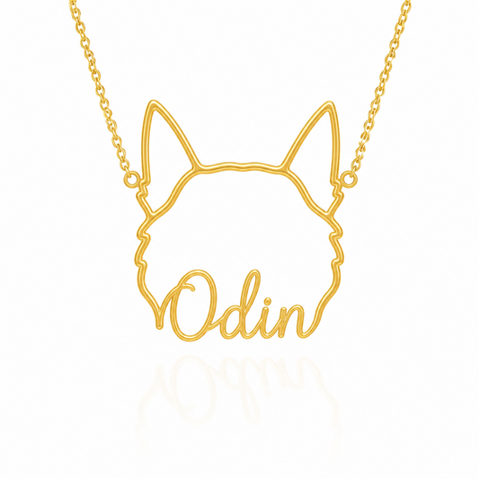 Soulyshine Norwegian Elkhound personalized outline pet face and name necklace in gold
