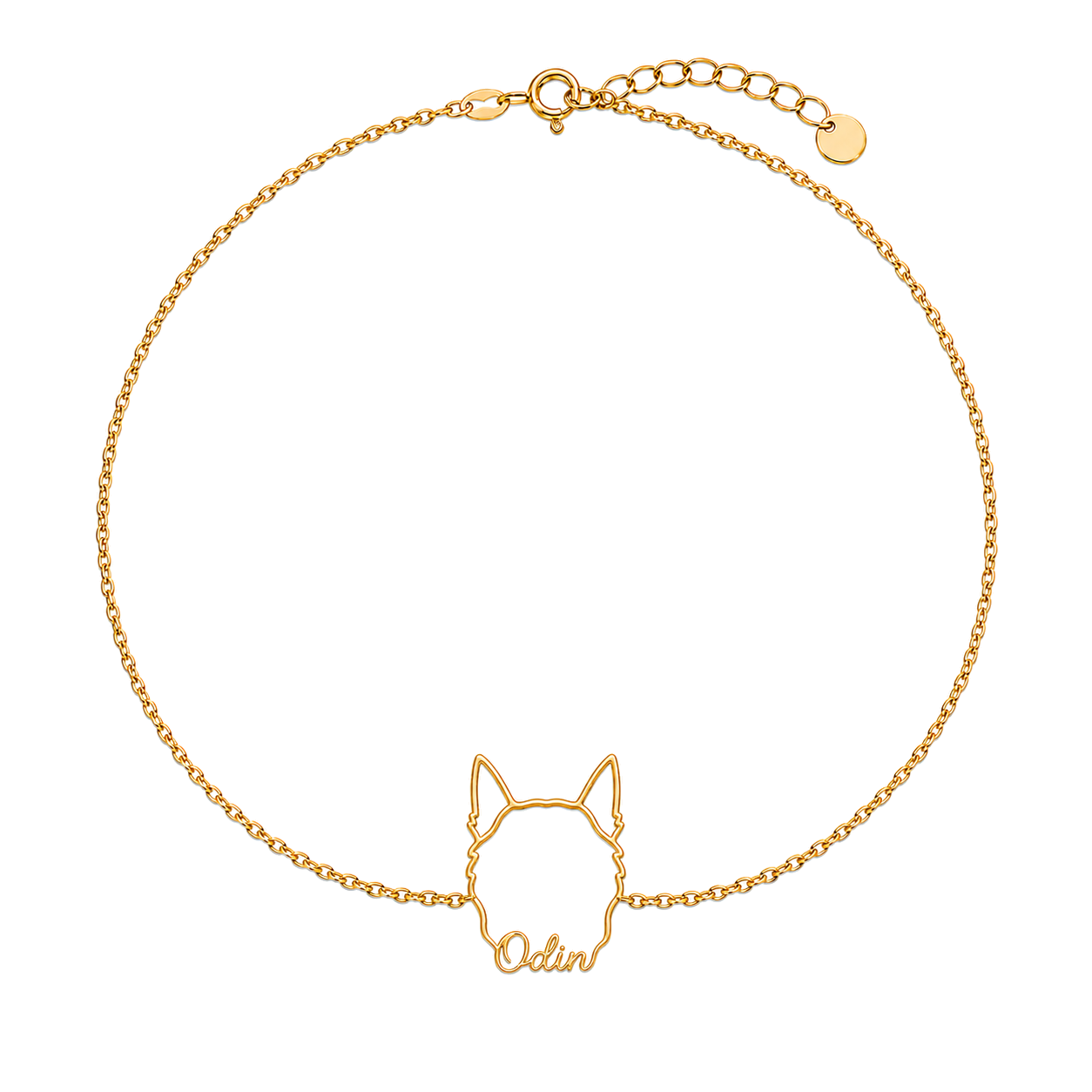 Soulyshine Norwegian Elkhound Whisper Outline pet face and Odin name handcrafted bracelet - 18K Gold Vermeil front