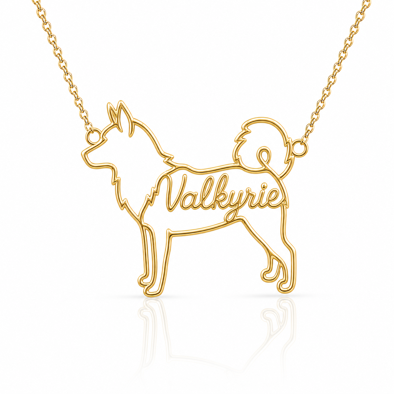 Soulyshine Norwegian Elkhound personalized dog silhouette name necklace in gold - Valkyrie design