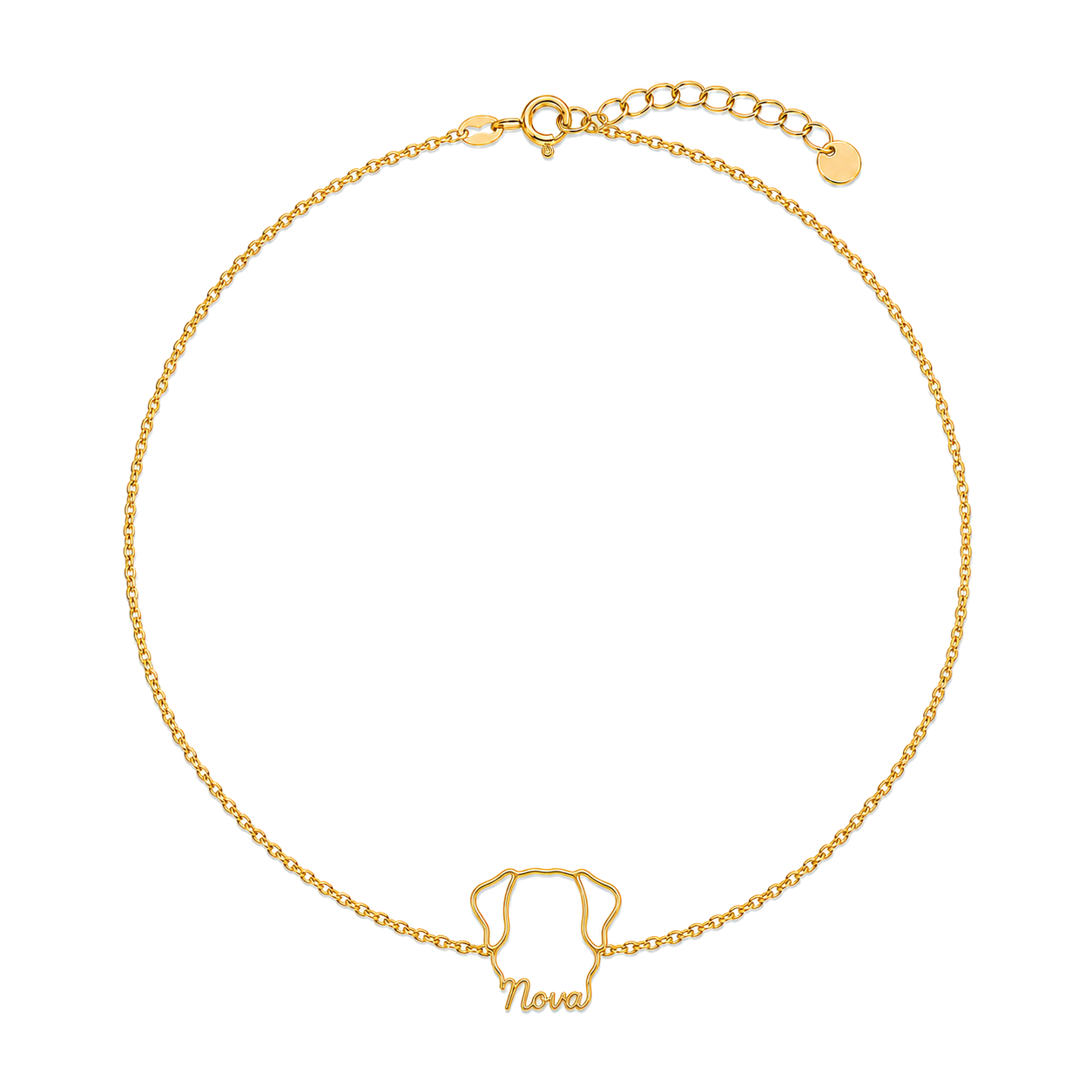 Soulyshine Nova Scotia Duck Tolling Retriever Whisper Outline pet face and Nova name handcrafted bracelet - 18K Gold Vermeil front