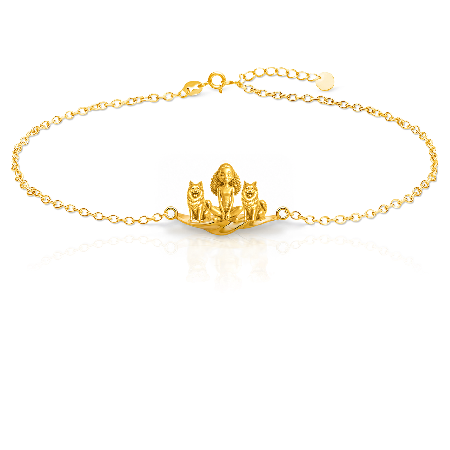 Pomsky Personalized Girl And Her Pets Bracelet - 10K Solid Gold - Front