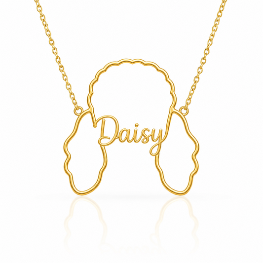 Soulyshine Poodle - standard personalized outline pet face and name necklace in gold