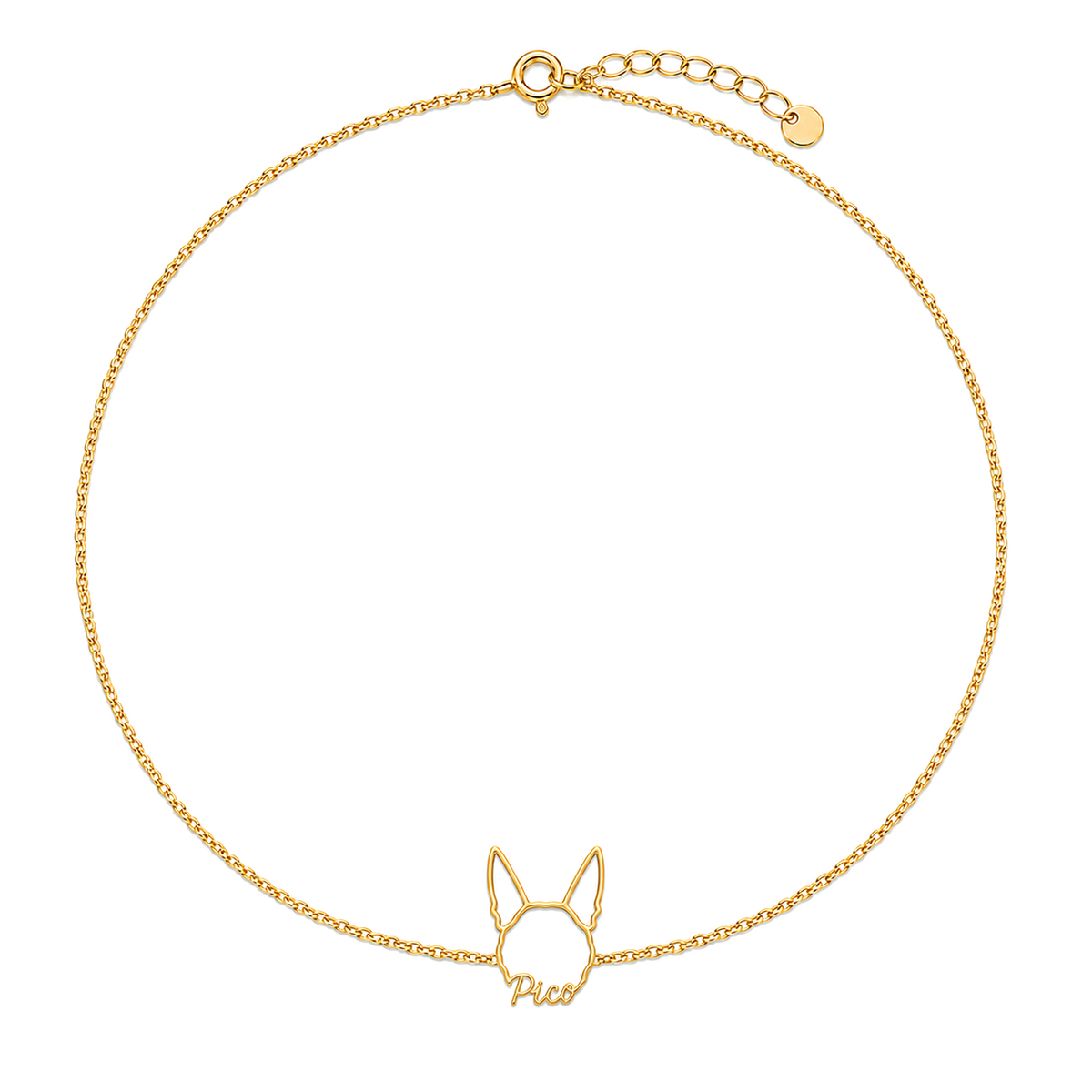 Soulyshine Portuguese Podengo Pequeno Whisper Outline pet face and Pico name handcrafted bracelet - 18K Gold Vermeil front