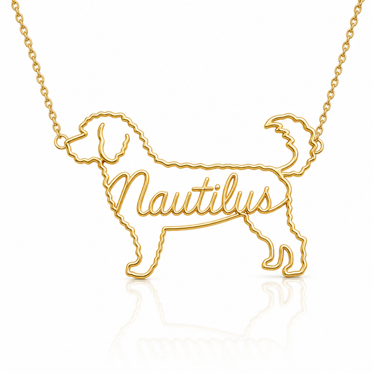 Soulyshine Portuguese Water Dog personalized dog silhouette name necklace in gold - Nautilus design