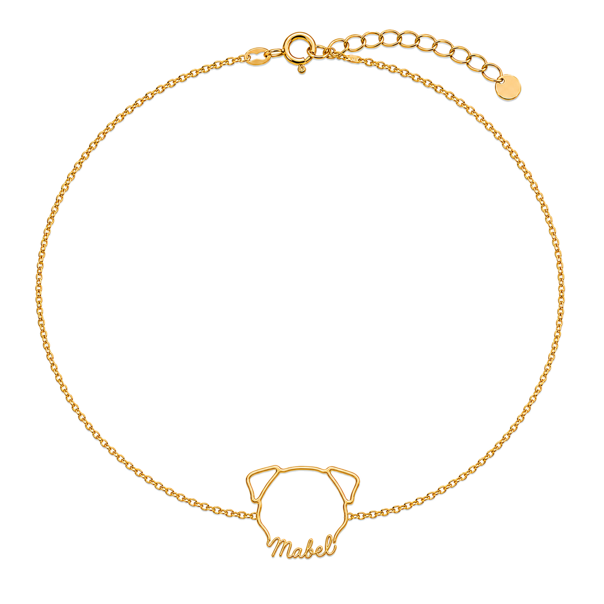 Soulyshine Pug Whisper Outline pet face and Mabel name handcrafted bracelet - 18K Gold Vermeil front