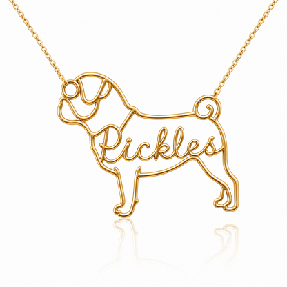 Soulyshine Pug personalized dog silhouette name necklace in gold - Pickles design