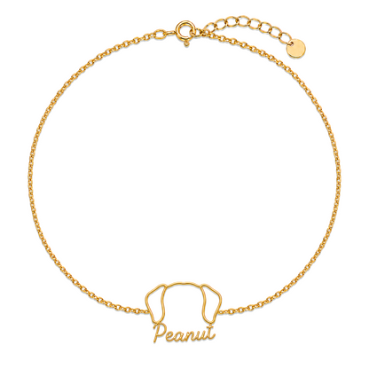 Soulyshine Puggle Whisper Outline pet face and Peanut name handcrafted bracelet - 18K Gold Vermeil front