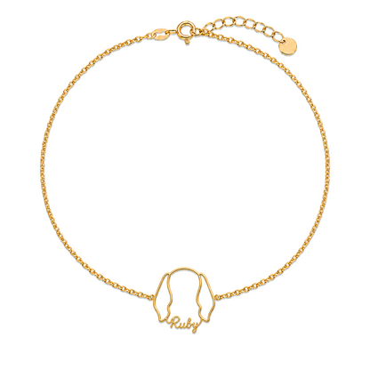 Soulyshine Redbone Coonhound Whisper Outline pet face and Ruby name handcrafted bracelet - 18K Gold Vermeil front