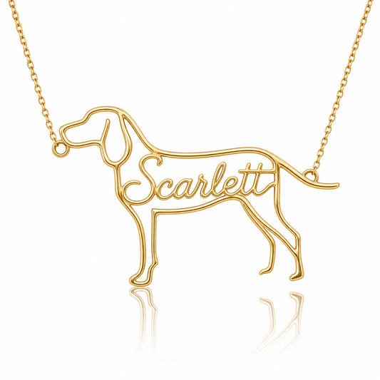 Soulyshine Redbone Coonhound personalized dog silhouette name necklace in gold - Scarlett design