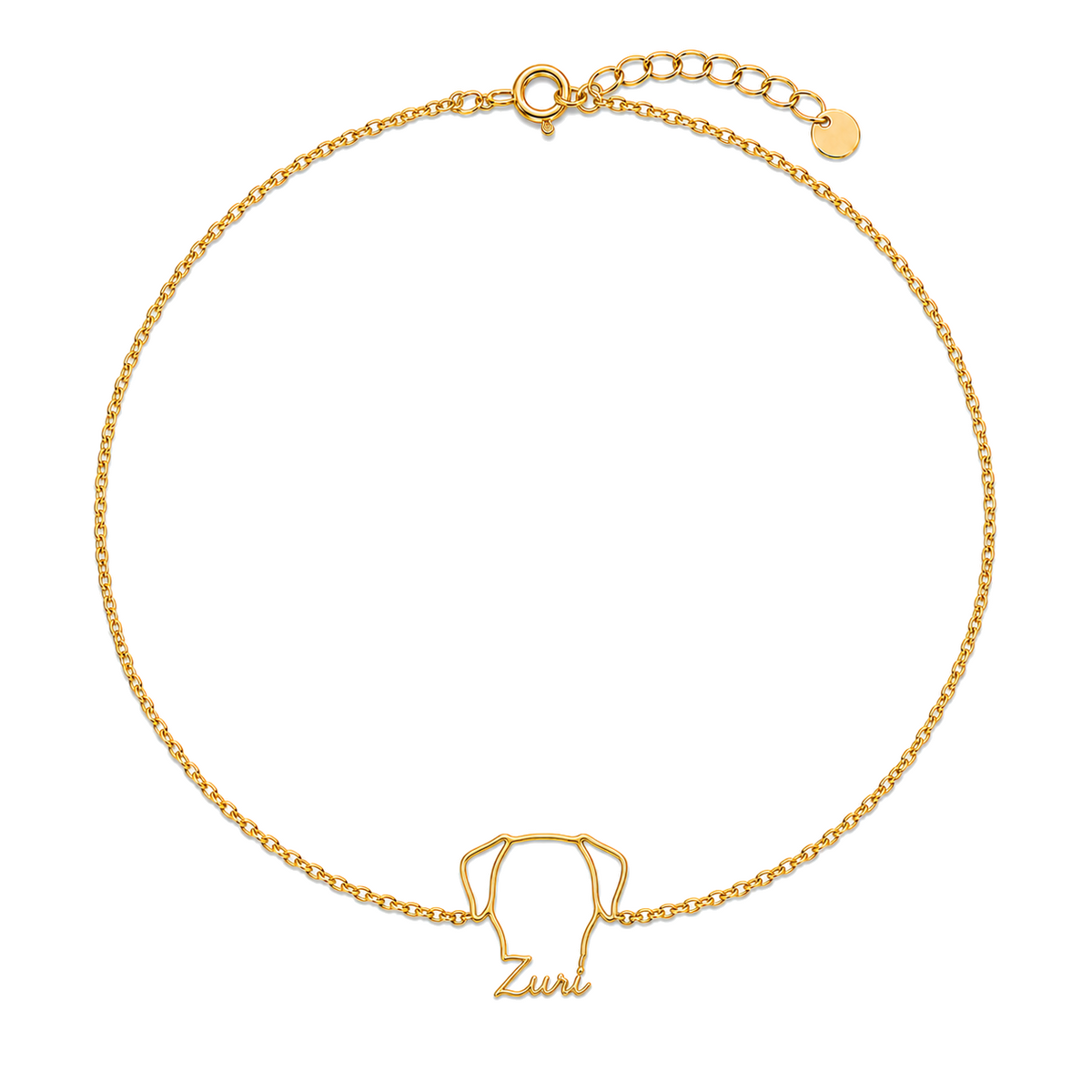 Soulyshine Rhodesian Ridgeback Whisper Outline pet face and Zuri name handcrafted bracelet - 18K Gold Vermeil front