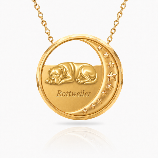SoulyShine Rottweiler Starry Slumber – Personalized Pet in The Moon Necklace - 18K Gold Vermeil front
