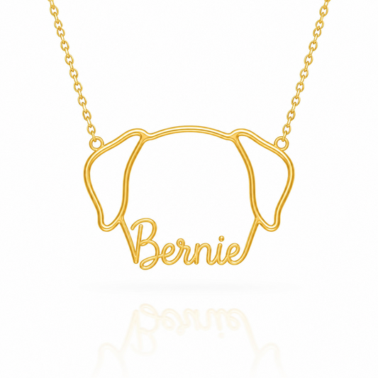 Soulyshine Saint Bernard personalized outline pet face and name necklace in gold