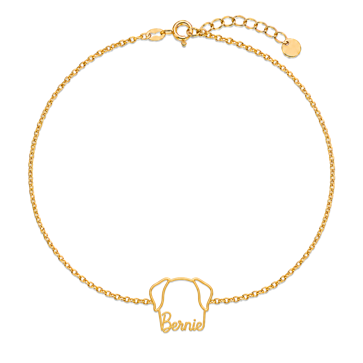 Soulyshine Saint Bernard Whisper Outline pet face and Bernie name handcrafted bracelet - 18K Gold Vermeil front