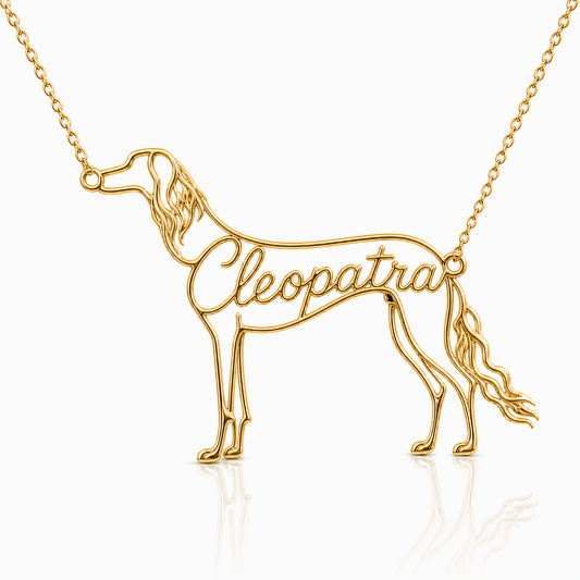 Soulyshine Saluki personalized dog silhouette name necklace in gold - Cleopatra design
