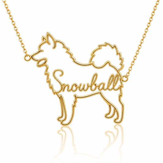 Soulyshine Samoyed personalized dog silhouette name necklace in gold - Snowball design