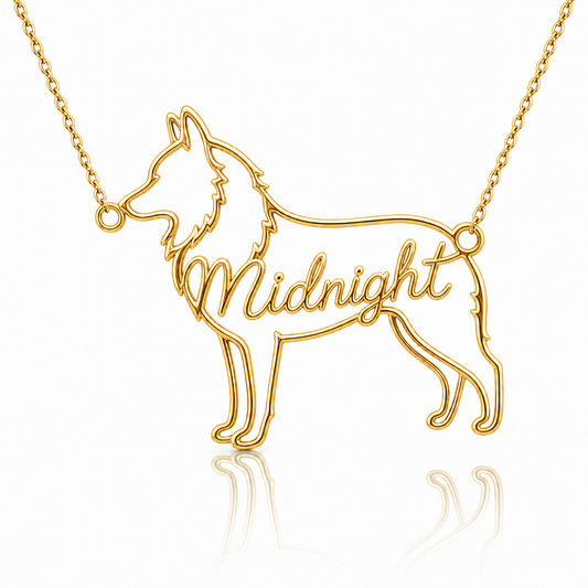 Soulyshine Schipperke personalized dog silhouette name necklace in gold - Midnight design