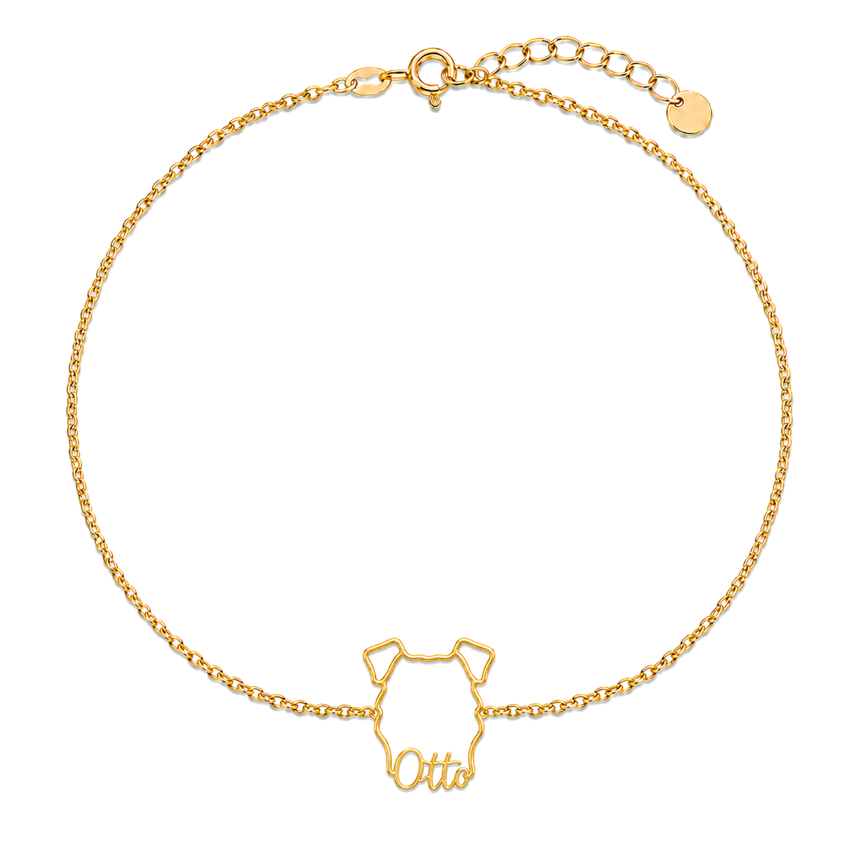 Soulyshine Schnauzer - Giant Whisper Outline pet face and Otto name handcrafted bracelet - 18K Gold Vermeil front