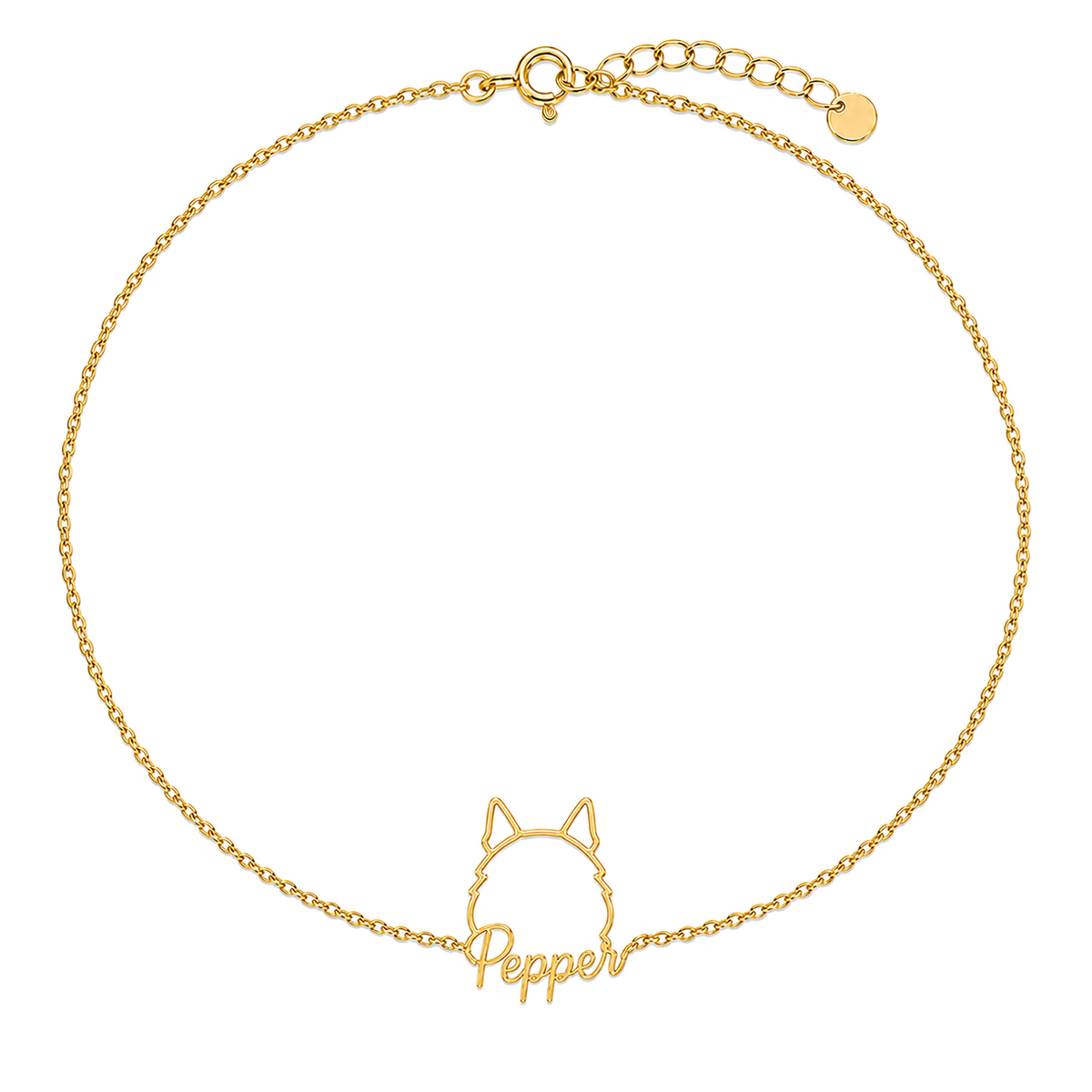 Soulyshine Schnauzer - Miniature, cropped ears Whisper Outline pet face and Pepper name handcrafted bracelet - 18K Gold Vermeil front