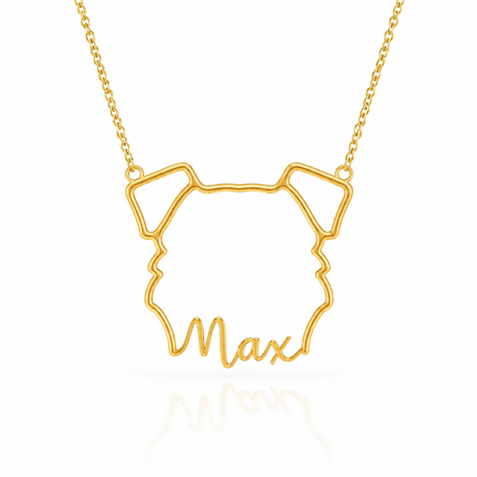 Soulyshine Schnauzer - Miniature, natural ears personalized outline pet face and name necklace in gold