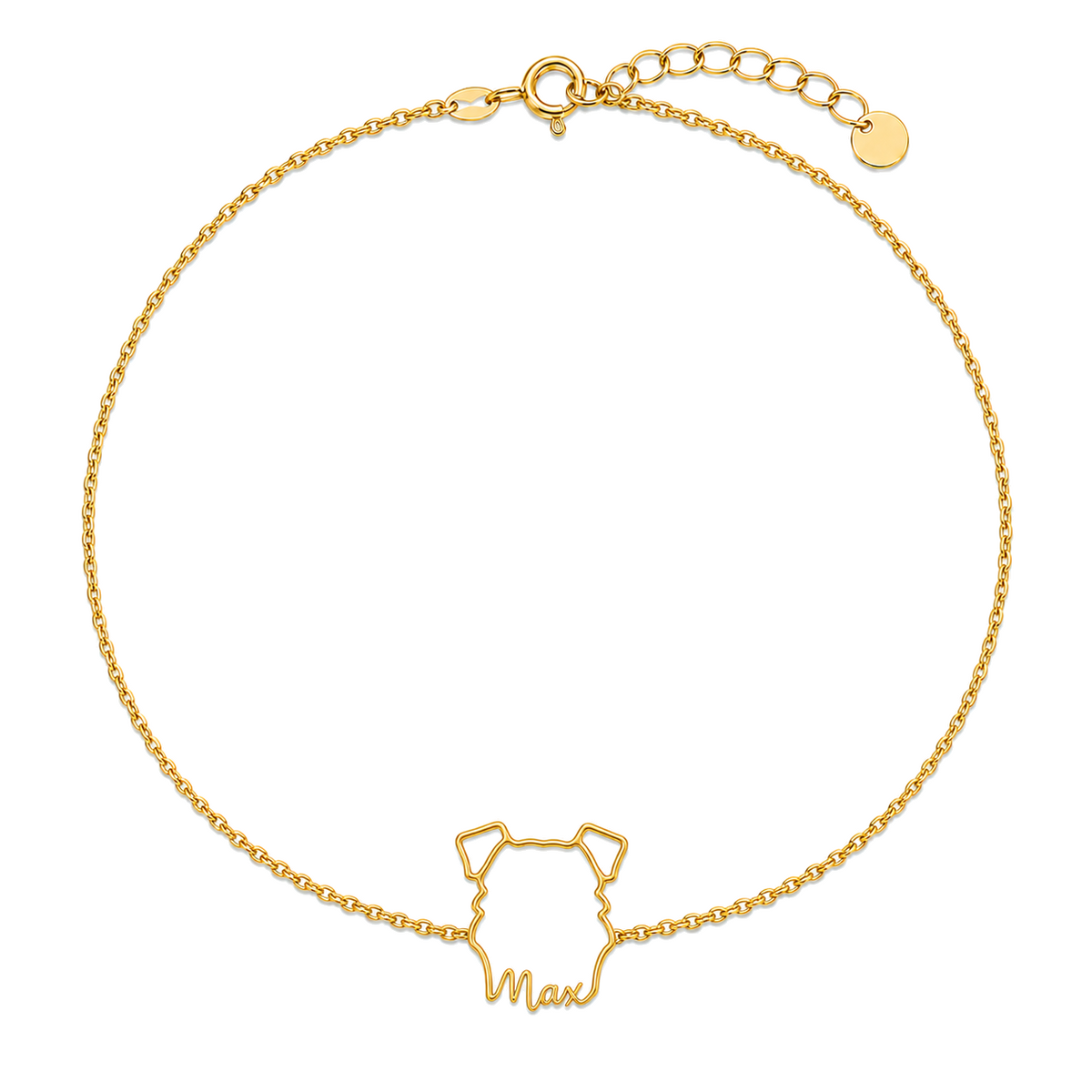 Soulyshine Schnauzer - Miniature, natural ears Whisper Outline pet face and Max name handcrafted bracelet - 18K Gold Vermeil front