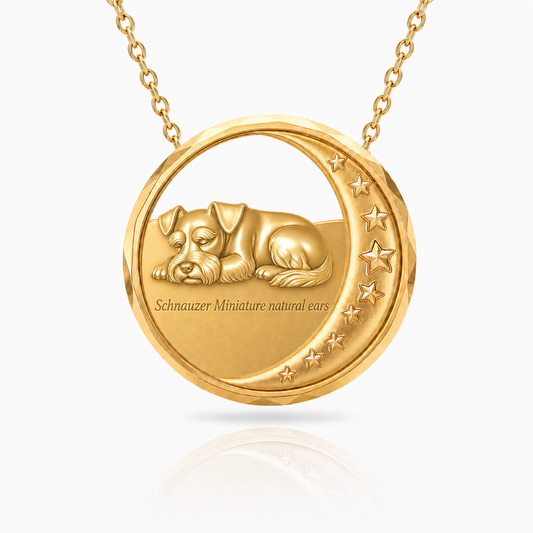 SoulyShine Schnauzer Miniature natural ears Starry Slumber – Personalized Pet in The Moon Necklace - 18K Gold Vermeil front