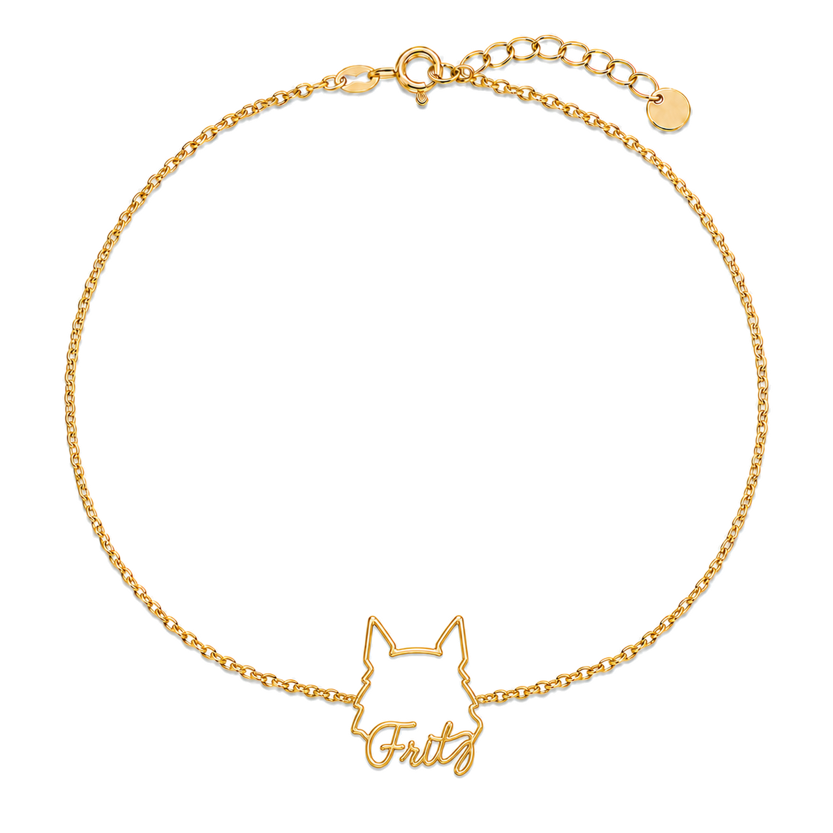 Soulyshine Schnauzer - Standard, cropped ears Whisper Outline pet face and Fritz name handcrafted bracelet - 18K Gold Vermeil front