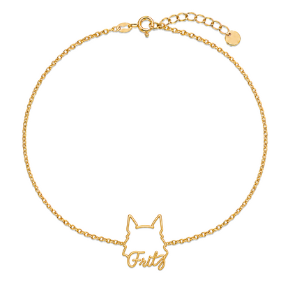 Soulyshine Schnauzer - Standard, cropped ears Whisper Outline pet face and Fritz name handcrafted bracelet - 18K Gold Vermeil front