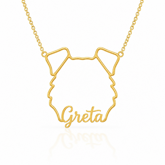 Soulyshine Schnauzer - Standard, natural ears personalized outline pet face and name necklace in gold