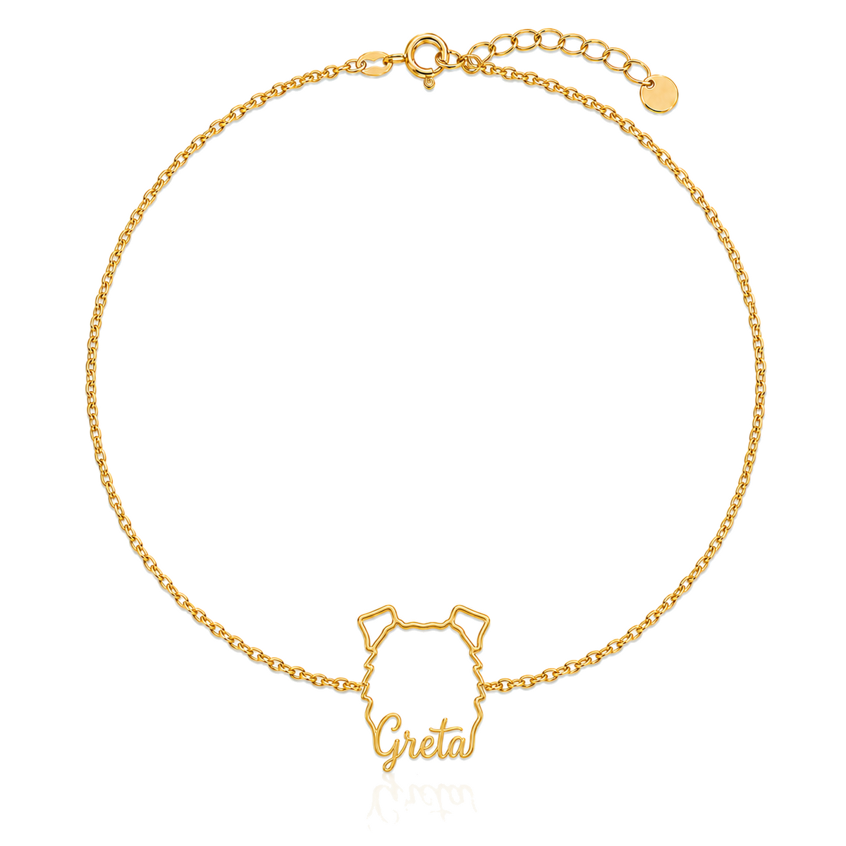 Soulyshine Schnauzer - Standard, natural ears Whisper Outline pet face and Greta name handcrafted bracelet - 18K Gold Vermeil front