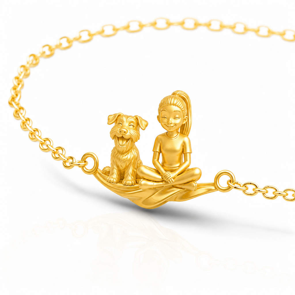 Close-up of personalized Schnauzer bracelet with girl and dog charm