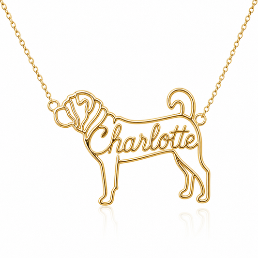 Soulyshine Shar Pei personalized dog silhouette name necklace in gold - Charlotte design