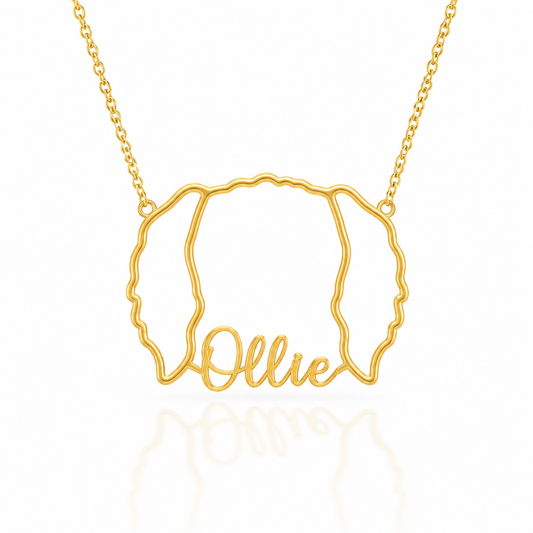 Soulyshine Sheepadoodle personalized outline pet face and name necklace in gold