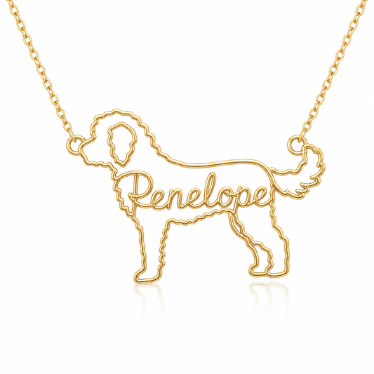 Soulyshine Sheepadoodle personalized dog silhouette name necklace in gold - Penelope design