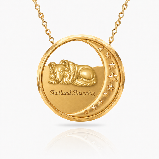 SoulyShine Shetland Sheepdog Starry Slumber – Personalized Pet in The Moon Necklace - 18K Gold Vermeil front