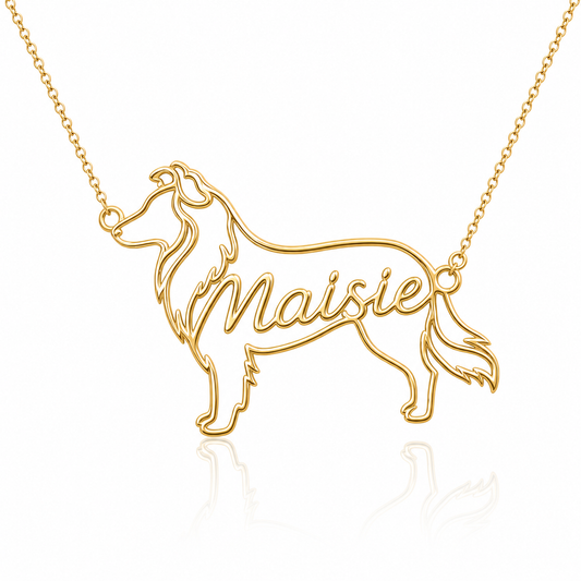 Soulyshine Shetland Sheepdog personalized dog silhouette name necklace in gold - Maisie design
