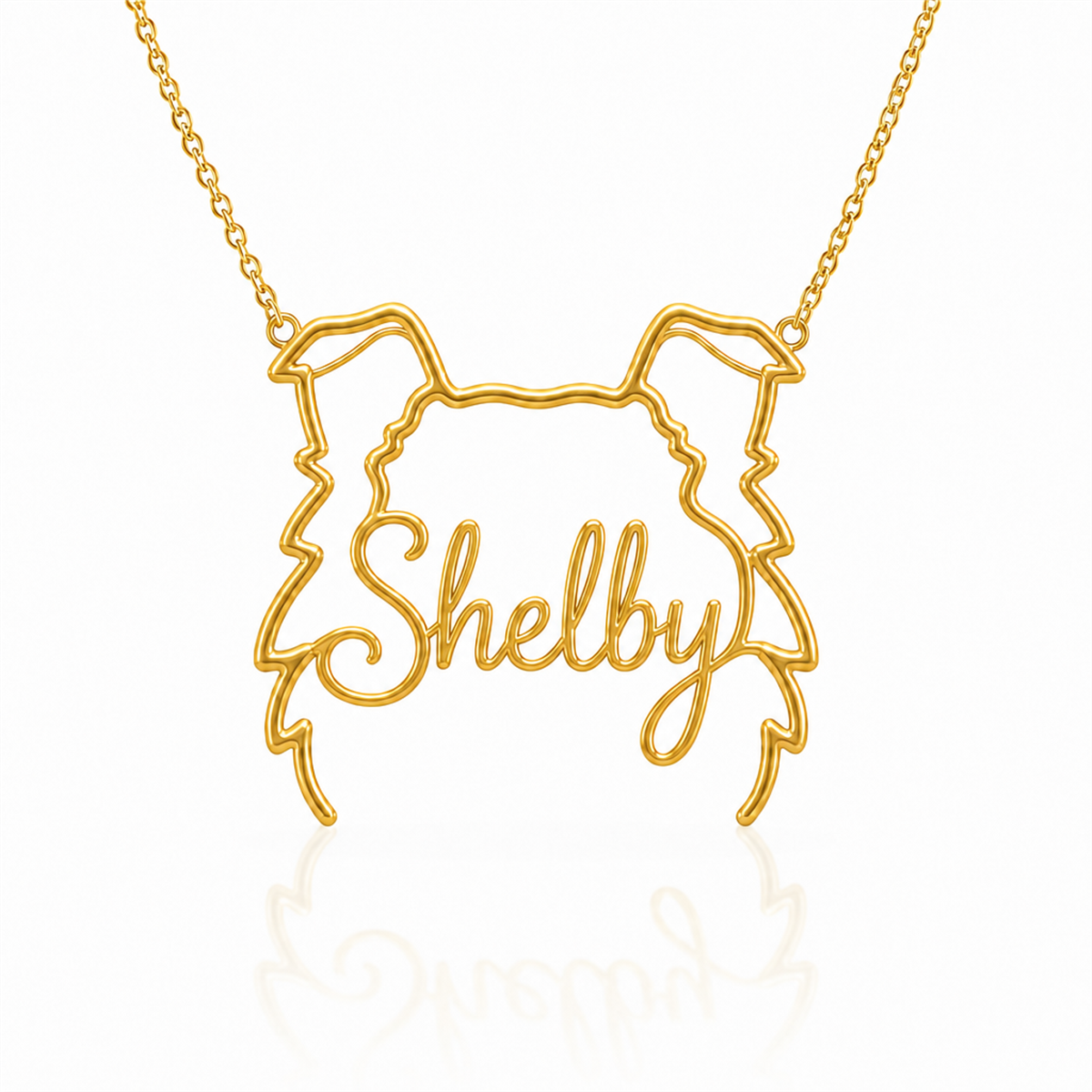 Soulyshine Shetland Sheepdog personalized outline pet face and name necklace in gold