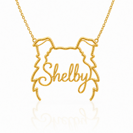 Soulyshine Shetland Sheepdog personalized outline pet face and name necklace in gold