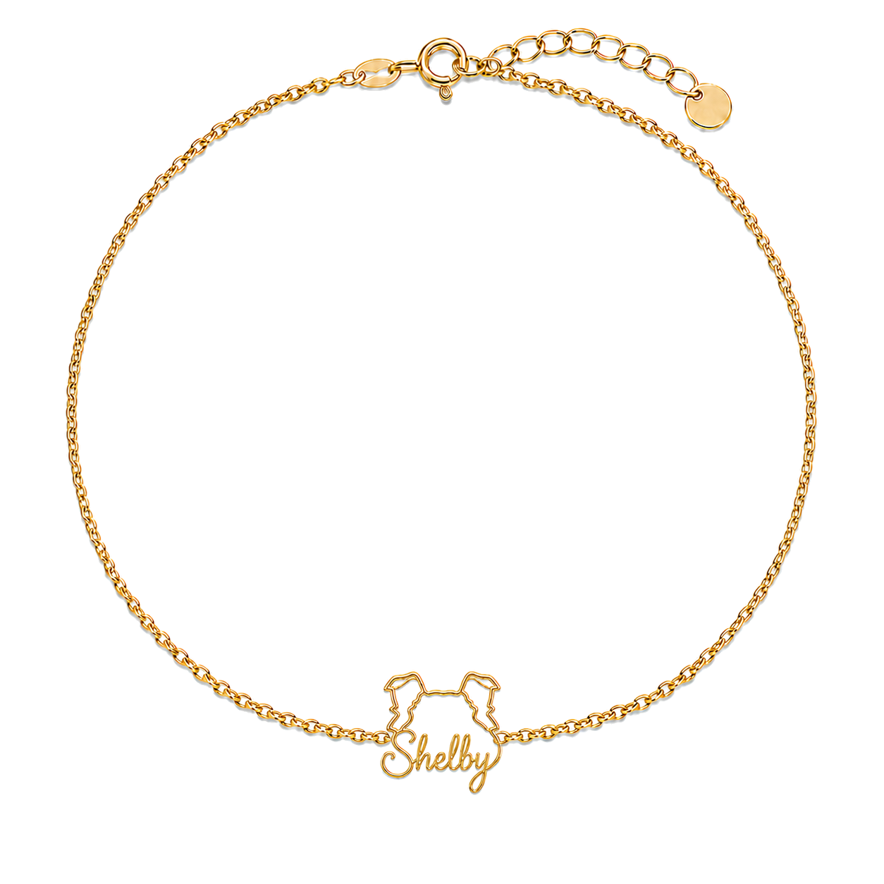 Soulyshine Shetland Sheepdog Whisper Outline pet face and Shelby name handcrafted bracelet - 18K Gold Vermeil front