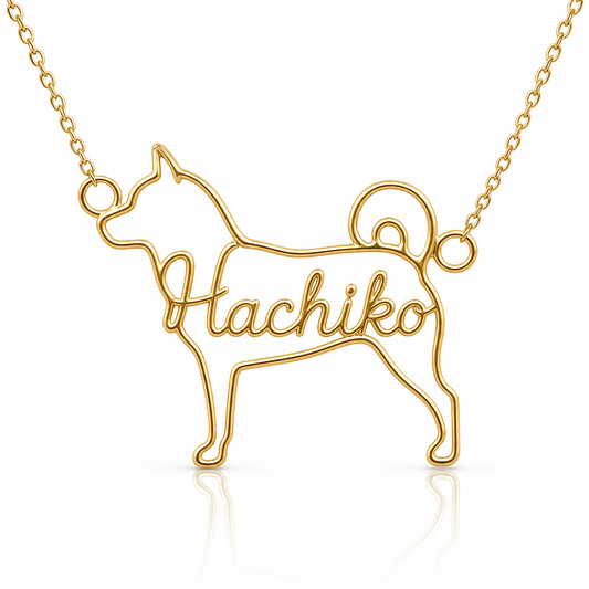 Soulyshine Shiba Inu personalized dog silhouette name necklace in gold - Hachiko design