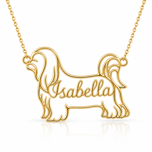 Soulyshine Shih Tzu long coat personalized dog silhouette name necklace in gold - Isabella design