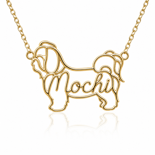 Soulyshine Shih Tzu puppy cut personalized dog silhouette name necklace in gold - Mochi design