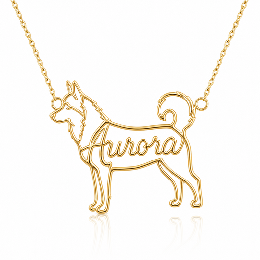 Soulyshine Siberian personalized dog silhouette name necklace in gold - Aurora design