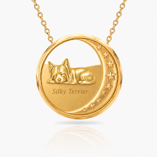 SoulyShine Silky Terrier Starry Slumber – Personalized Pet in The Moon Necklace - 18K Gold Vermeil front