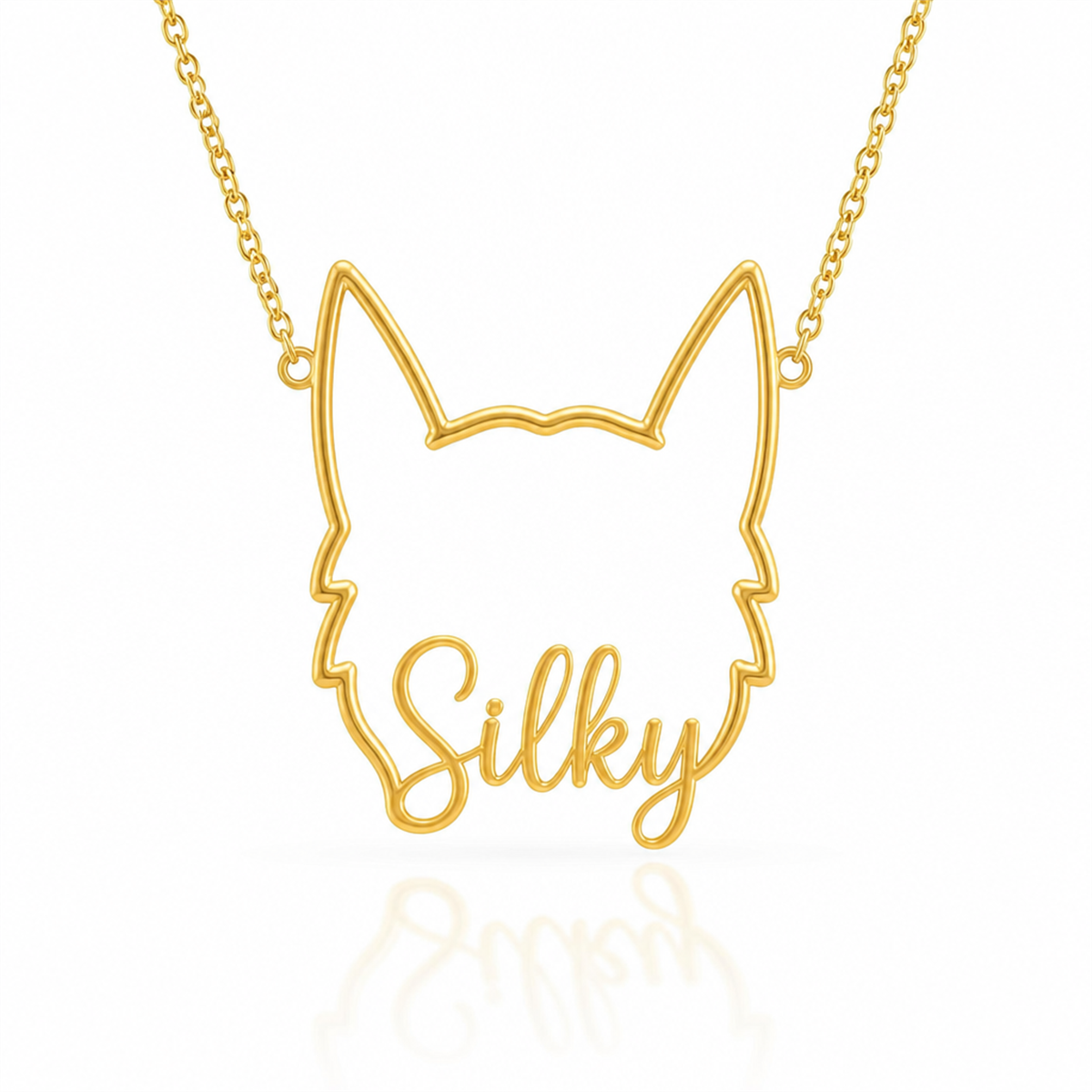 Soulyshine Silky Terrier personalized outline pet face and name necklace in gold