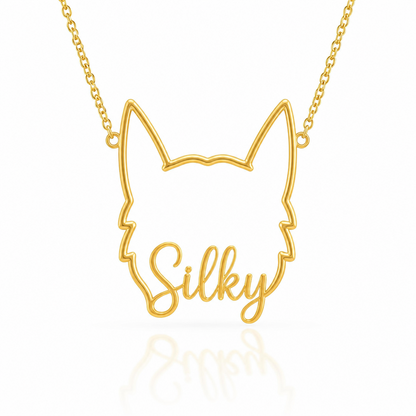 Soulyshine Silky Terrier personalized outline pet face and name necklace in gold