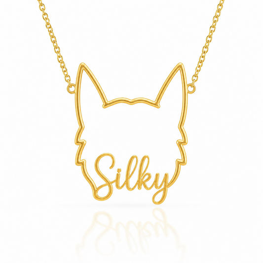 Soulyshine Silky Terrier personalized outline pet face and name necklace in gold