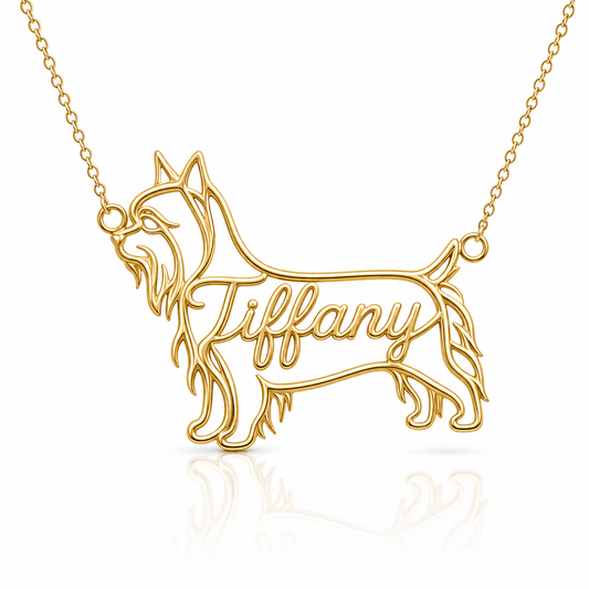Soulyshine Silky Terrier personalized dog silhouette name necklace in gold - Tiffany design