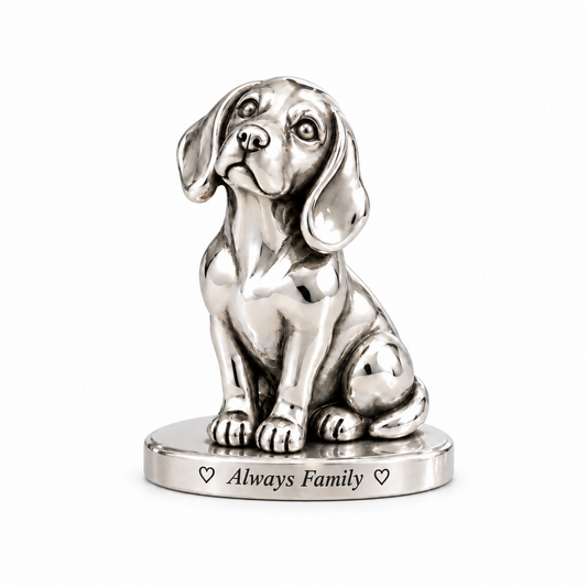 Polished silver Beagle dog memorial plaque sitting on a round pedestal with Always Family engraving.